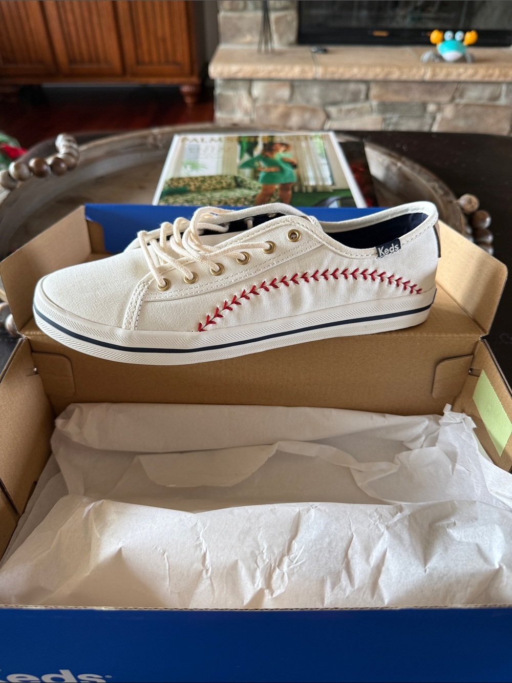 Keds White Canvas Sneakers with Red Baseball Stitching